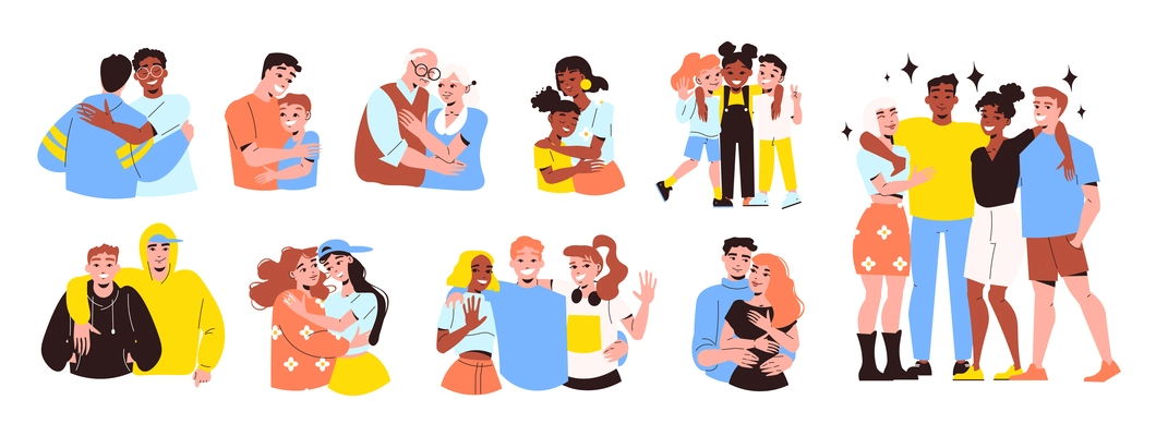 People hugging together set with isolated compositions of doodle people embracing each other on blank background vector illustration