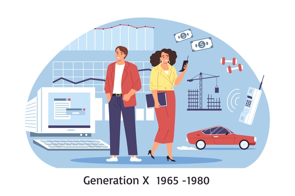 Generation x composition with doodle style characters of man and woman stock graphs first cellphone computer vector illustration