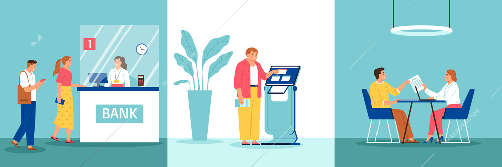 Bank set of three square compositions with doodle characters of clients with cashier clerk and terminal vector illustration