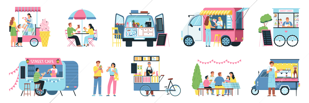 Street food festival set of isolated compositions with human characters eating junk meals and food trucks vector illustration