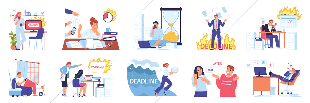 Set with isolated procrastination project deadline compositions with failed multitasking workers piles of paper in fire vector illustration