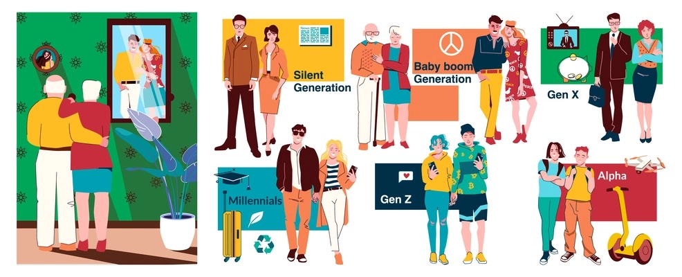 People generations flat composition depicting silent baby boom millennials x z and alpha generation isolated vector illustration