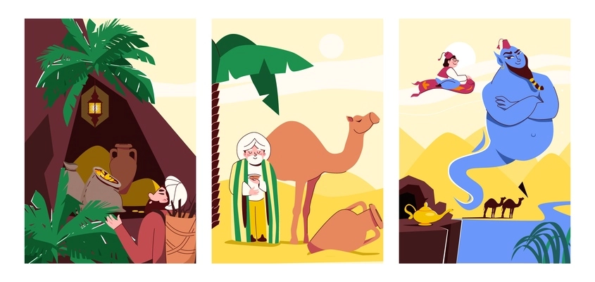 Fairy tales flat posters set illustrating old wise man with camel and fairytale heroes flying on magic carpet vector illustration