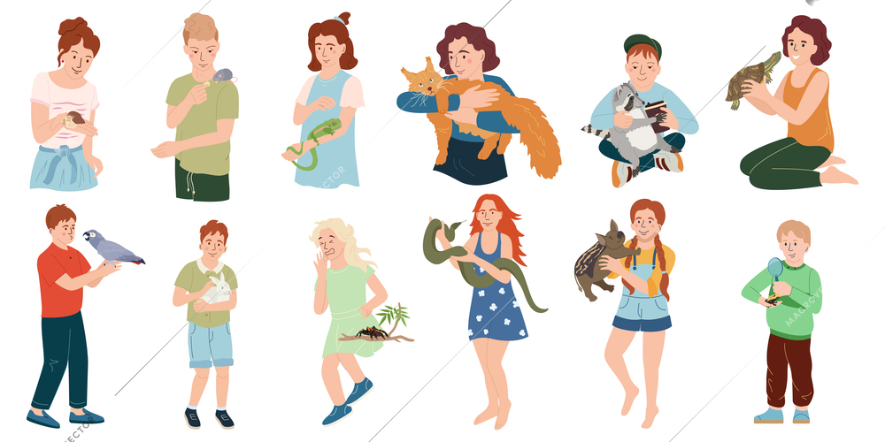 People with exotic pets set of flat isolated icons with doodle human characters holding unusual animals vector illustration