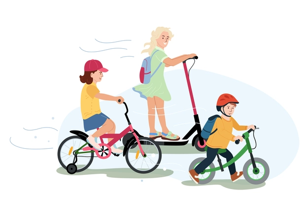 Children toy vehicles flat composition on blank background with girls and boy riding bikes and scooter vector illustration