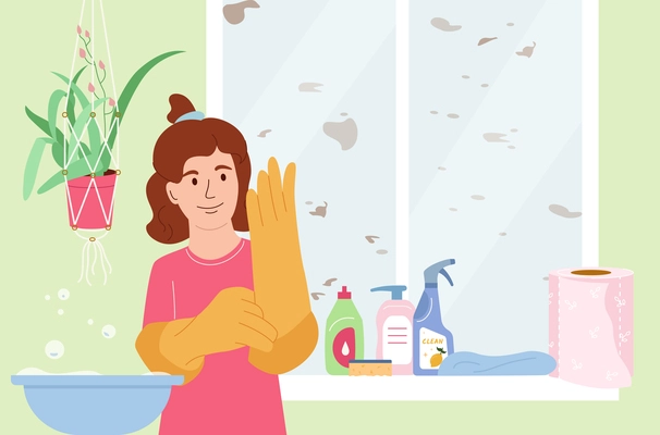 Household children helping flat composition with indoor scenery and doodle character of girl with cleaning detergents vector illustration