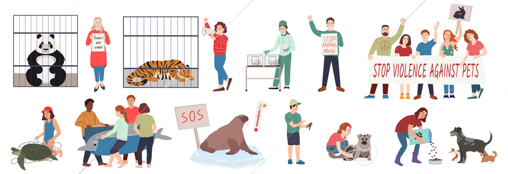 Animal activists set of flat isolated icons with cages and characters of pet violence abuse protesters vector illustration