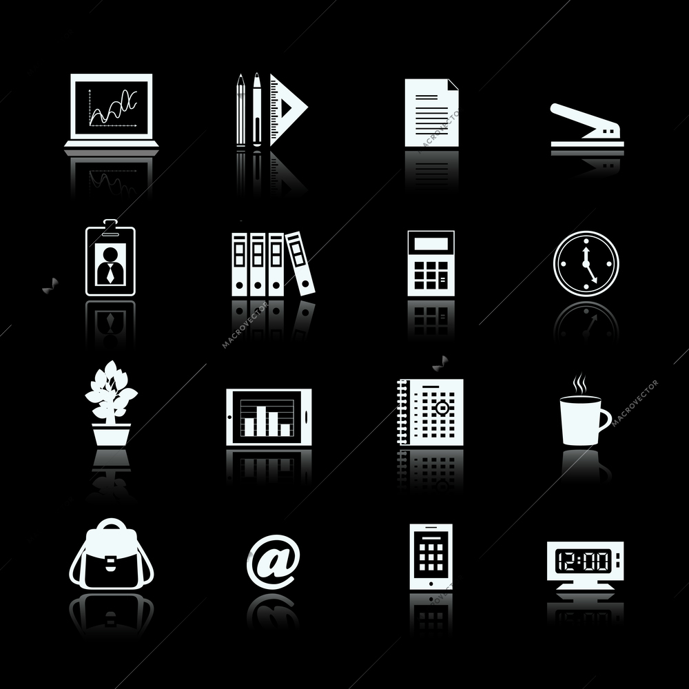 Business office supplies pictograms set of clock cactus ficus and calendar vector illustration