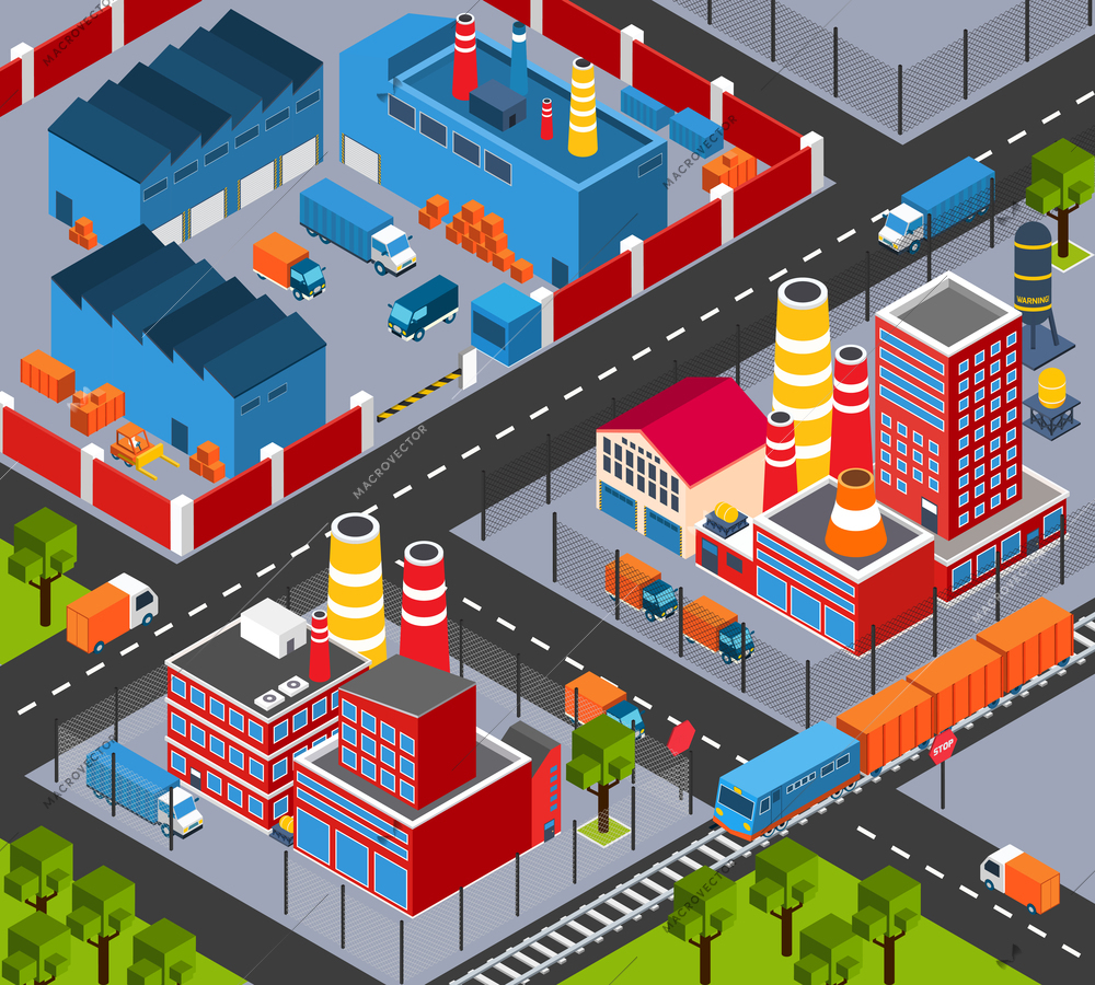 Factory infrastructure isometric design template with plant buildings and transportation system vector illustration