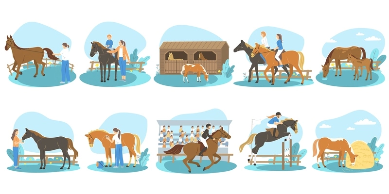 People riding horseback looking after horses running in race flat set isolated vector illustration