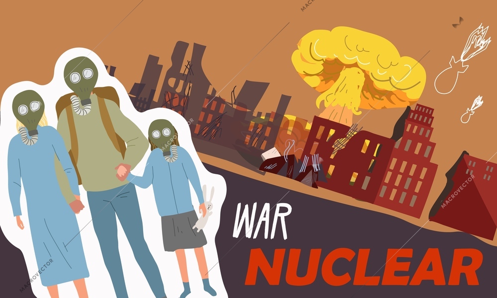 Nuclear war collage with explosion and radiation symbols flat vector ilustration