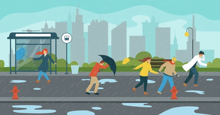 Colored bad weather seasons people flat composition people walking down the street in a hurricane with wind and rain vector illustration