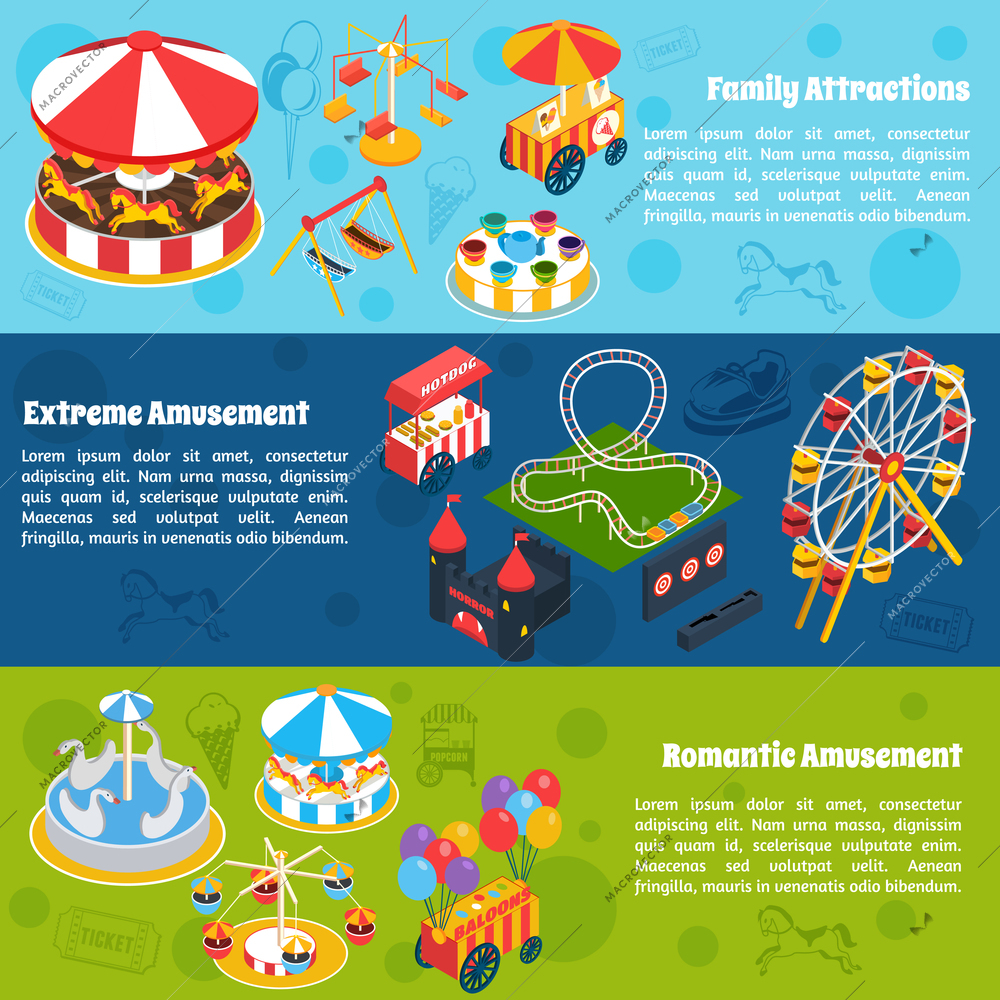 Amusement horizontal banners set with isometric romantic family and extreme attractions isolated vector illustration