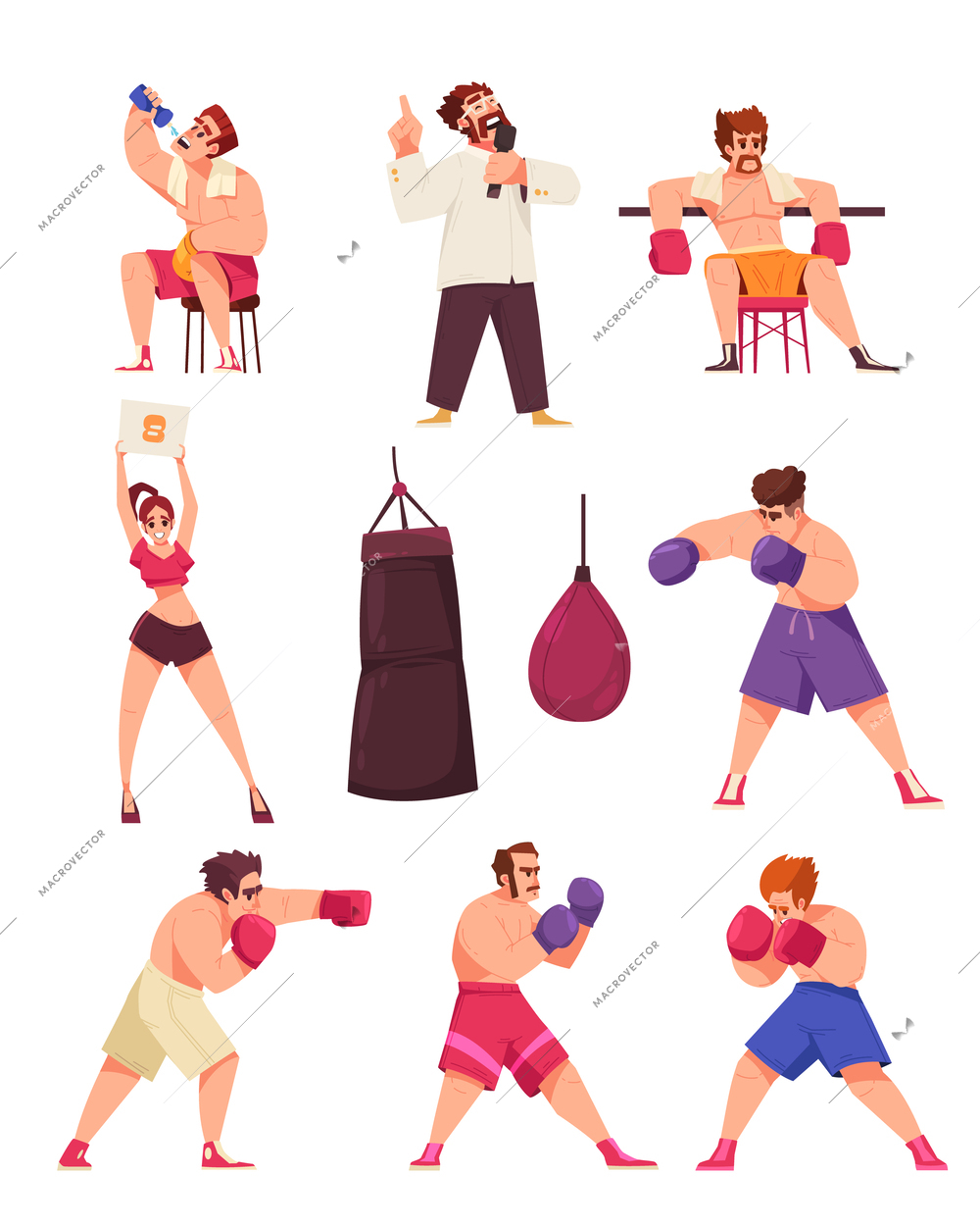 Boxing box ring icon set boxing athletes in the ring and their accessories vector illustration