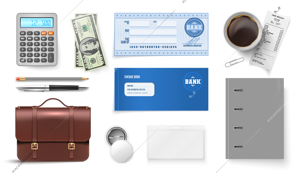 Business items realistic set of cash receipt cheque book dollar banknotes bank checks isolated vector illustration