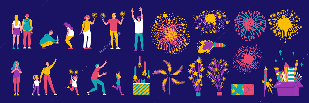 Firework flat icons set with joyful people and colorful fire explosions isolated vector illustration