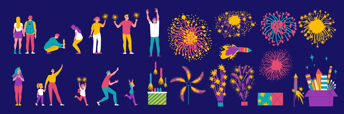 Firework flat icons set with joyful people and colorful fire explosions isolated vector illustration