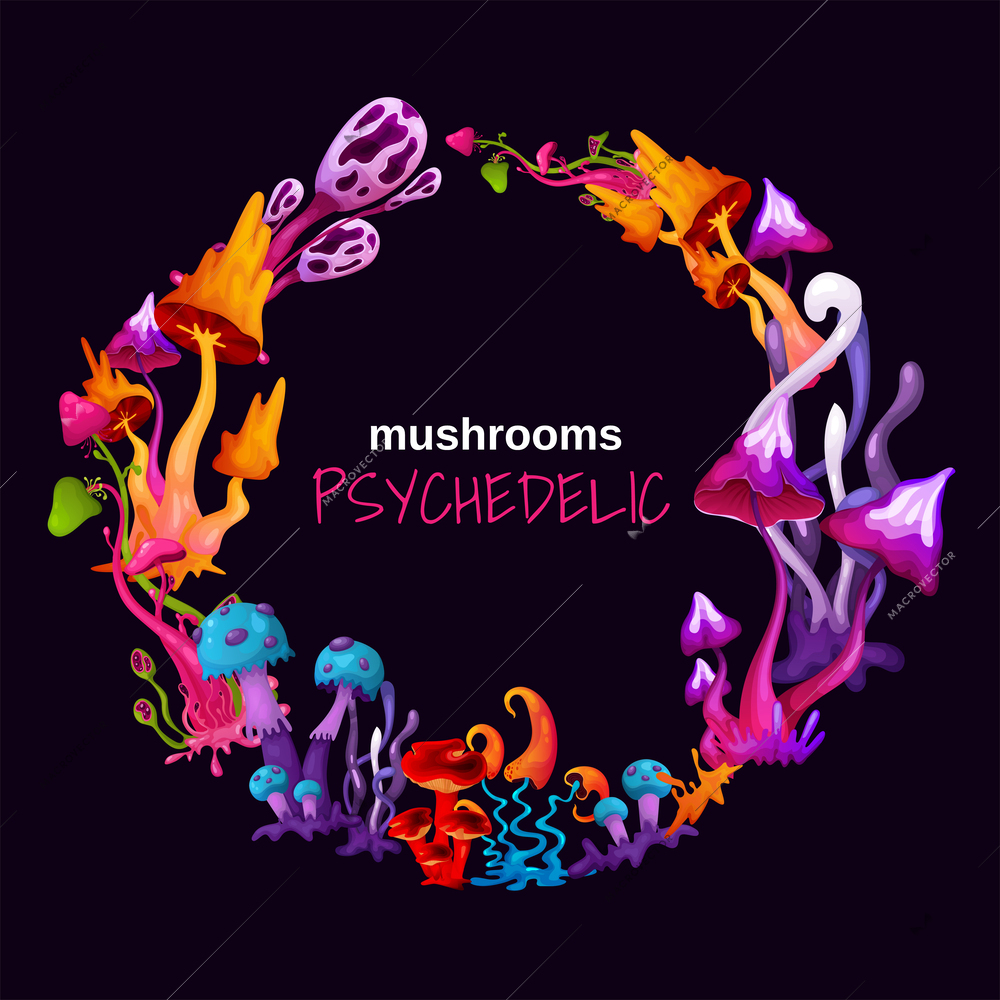 Square poster with colorful fluorescent psychedelic mushrooms connected in round frame on black  background cartoon vector illustration