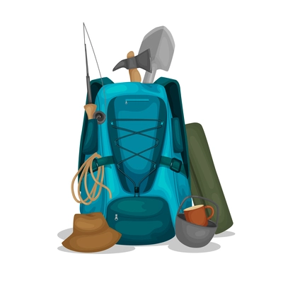 Travel equipment flat composition with backpack axe shovel touristic pot rope isolated vector illustration