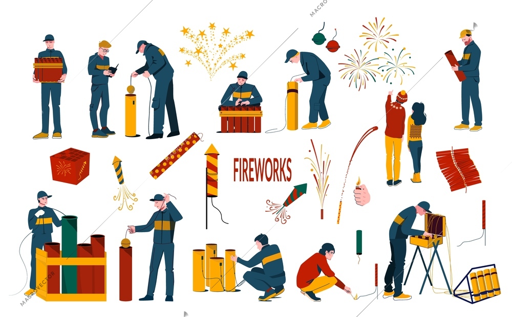 Pyrotechnics fireworks launch flat icon set uniformed pyrotechnics fireworks firecrackers rockets observers vector illustration