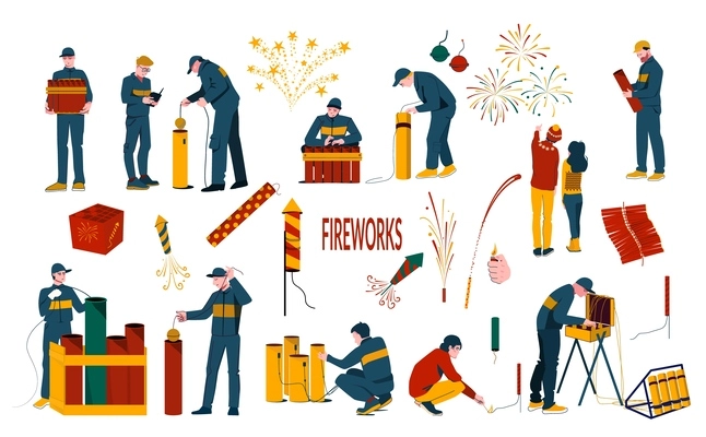 Pyrotechnics fireworks launch flat icon set uniformed pyrotechnics fireworks firecrackers rockets observers vector illustration