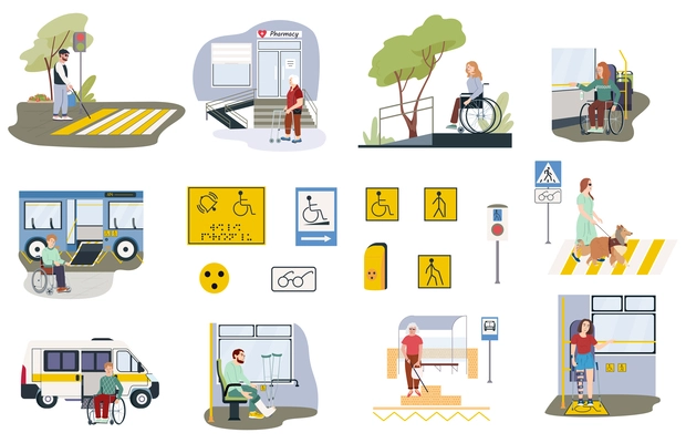 Accessible environment icons set with transport and store symbols flat isolated vector illustration
