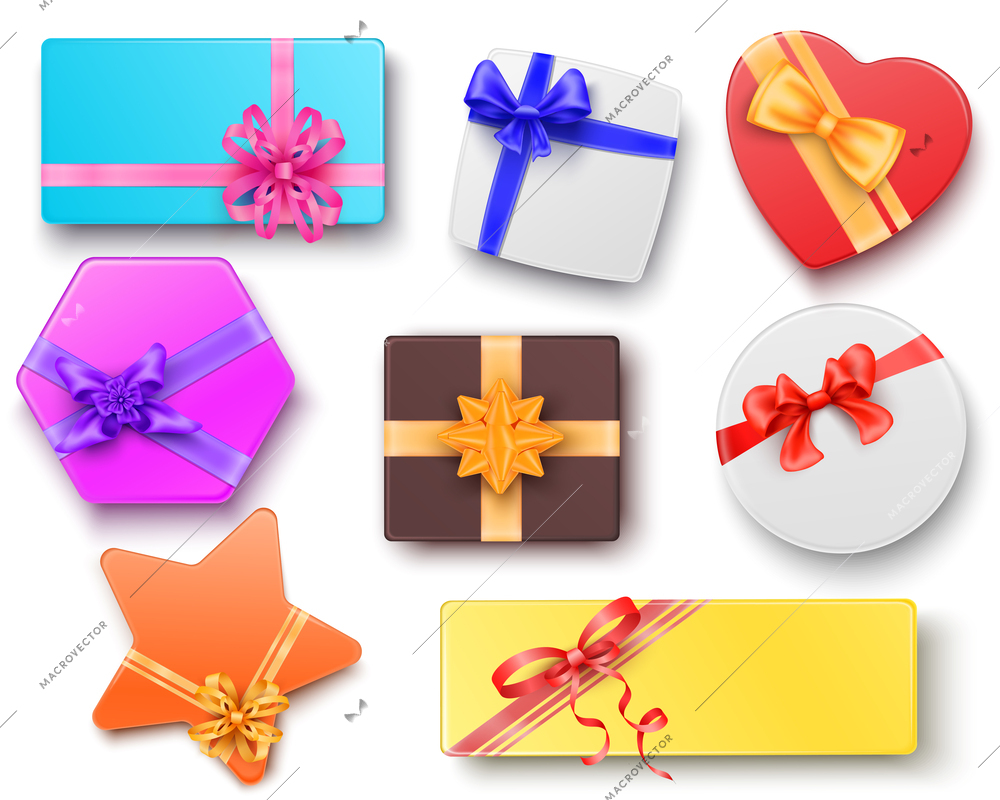 Gift boxes of different forms tied with ribbon and decorated by bows realistic set isolated vector illustration