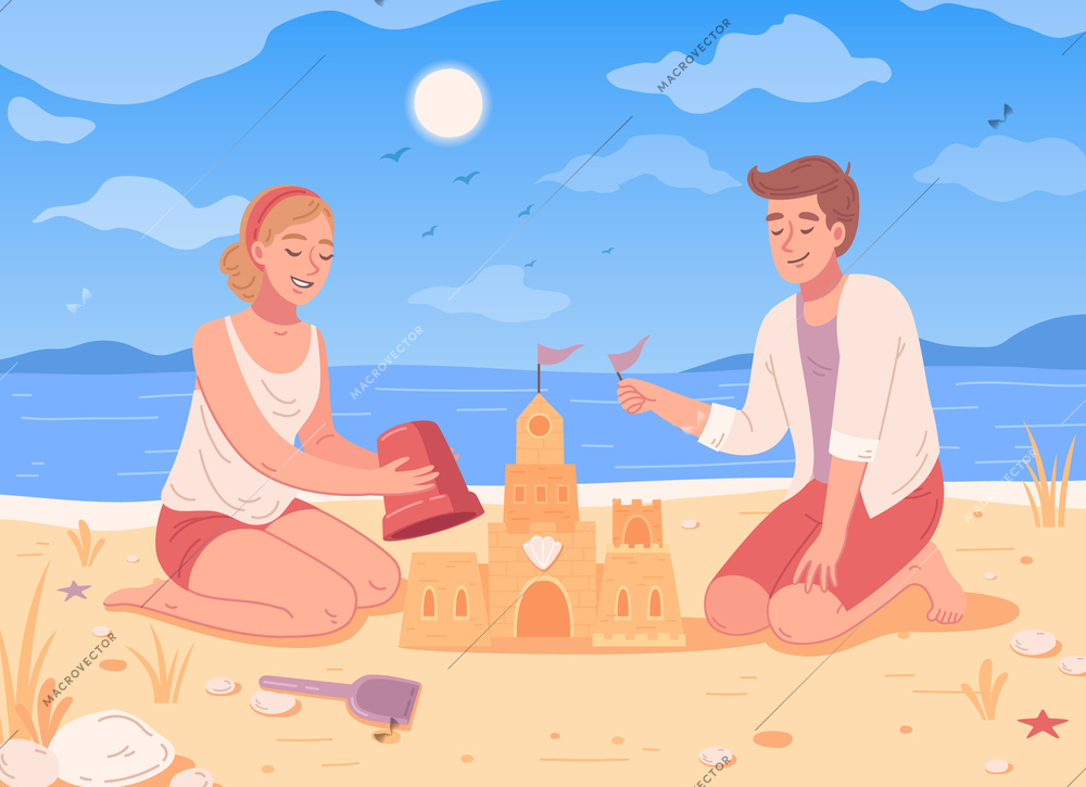 Beach activities flat cartoon with young couple building sand castle vector illustration