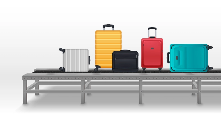 Airport automation conveyor belt with luggage suitcases vector illustration