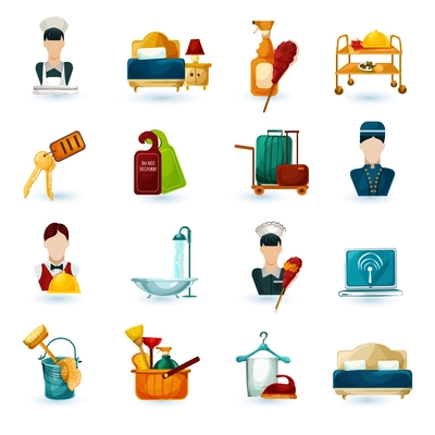 Hotel maid icons set with room service cleaning and washing symbols isolated vector illustration