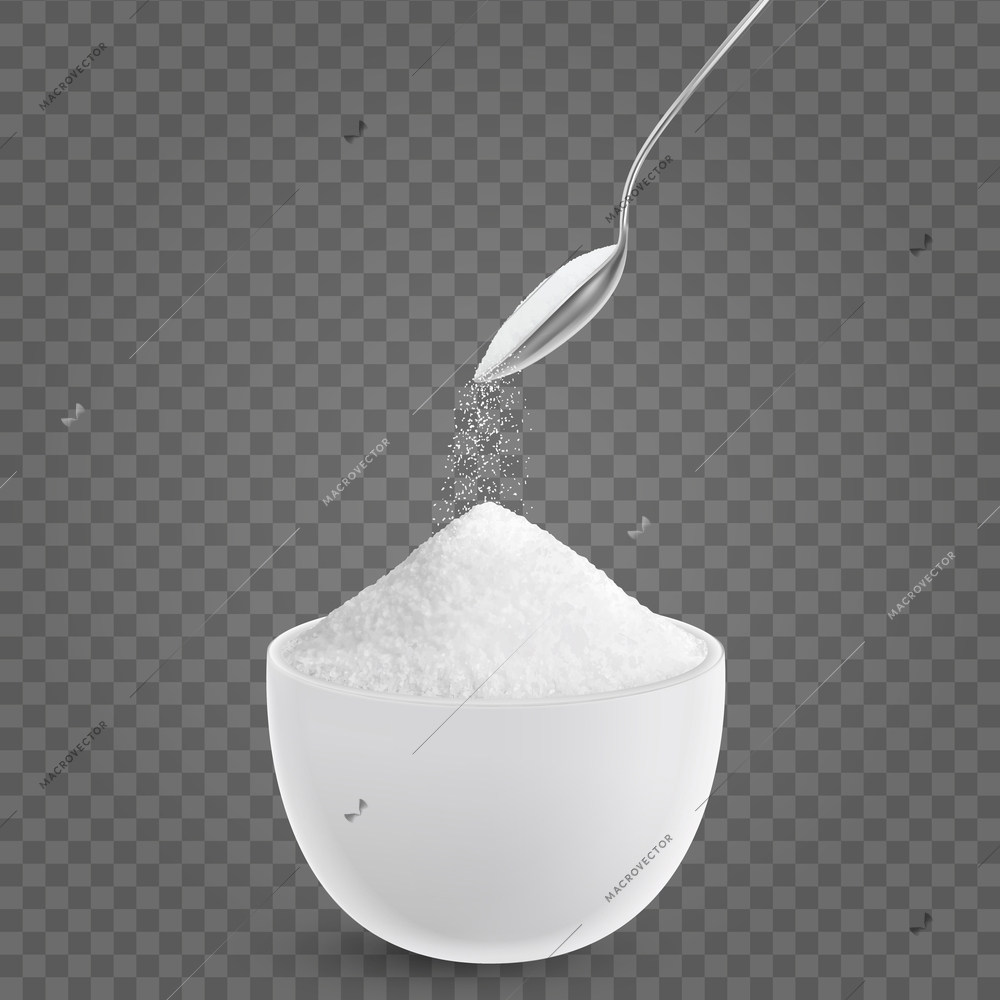 Realistic salt composition with spoon pouring powder into plate with detailed salt particles on transparent background vector illustration