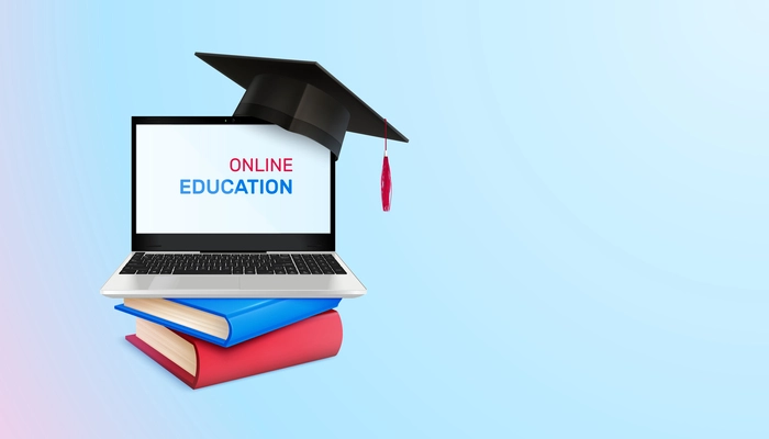 Graduation education realistic composition with gradient background and stack of books with laptop and academic hat vector illustration