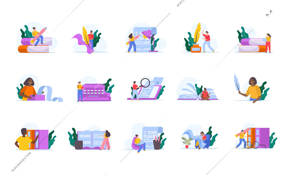 Writer flat set of isolated compositions with doodle people books and ink wells on blank background vector illustration