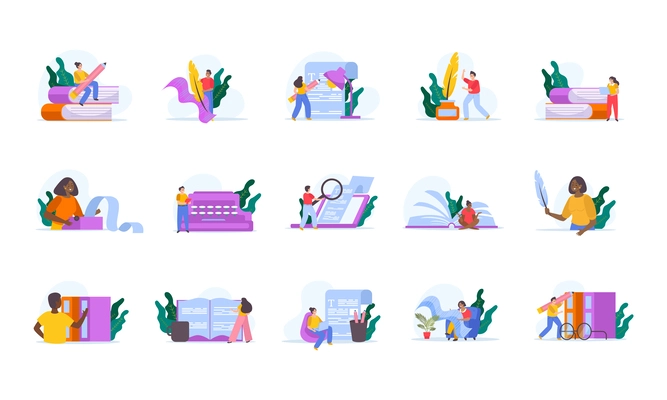 Writer flat set of isolated compositions with doodle people books and ink wells on blank background vector illustration