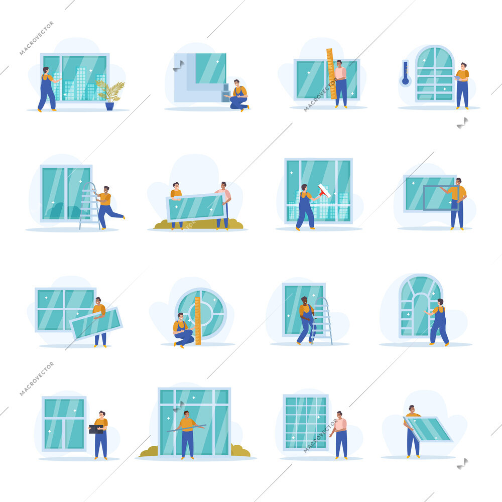 Plastic windows set of flat isolated icons with workers in uniform holding tools with new window vector illustration