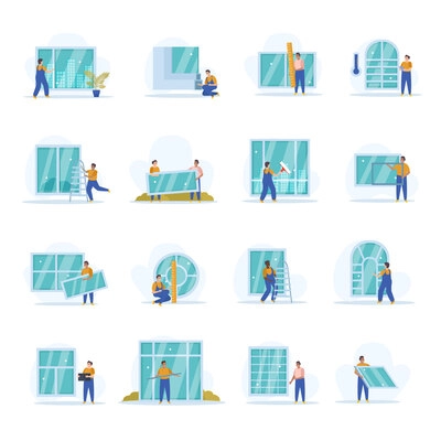 Plastic windows set of flat isolated icons with workers in uniform holding tools with new window vector illustration