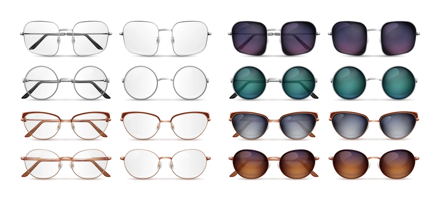 Glasses sunglasses with various frames and lenses realistic set isolated on white background vector illustration