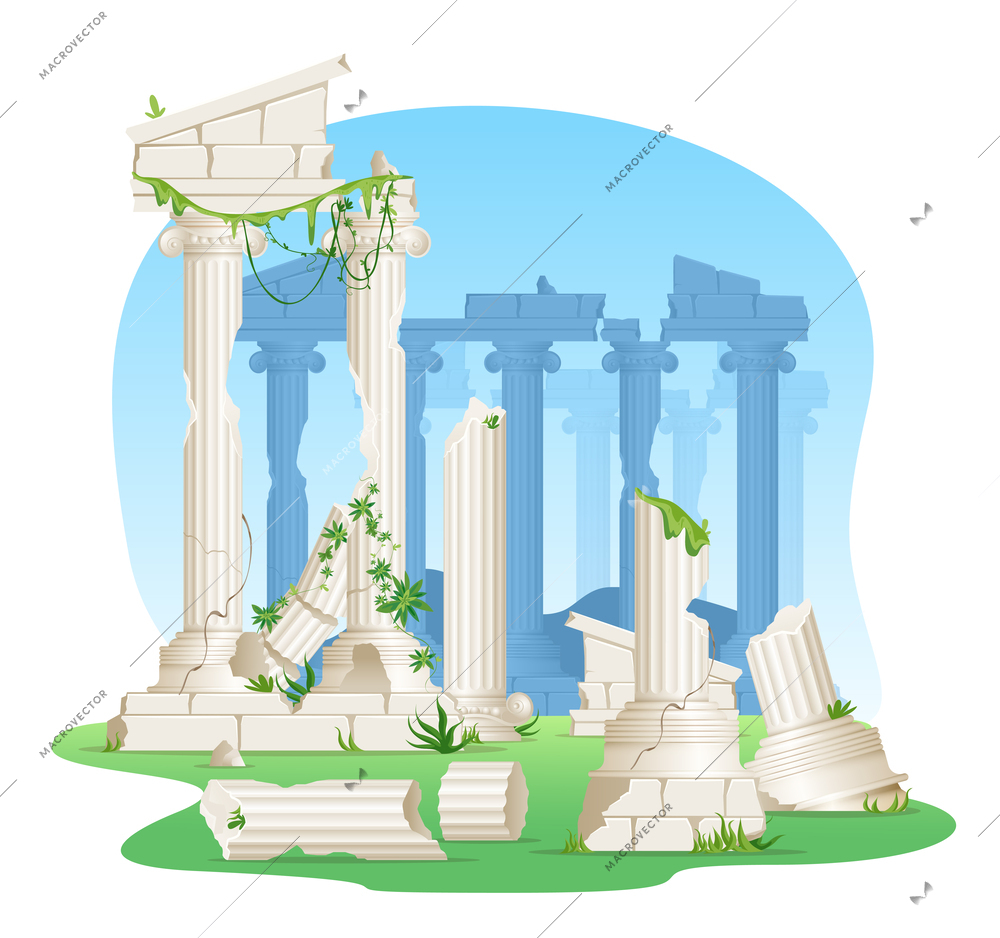 Ancient building ruins with broken ionic marble pillars and climbing plants realistic vector illustration