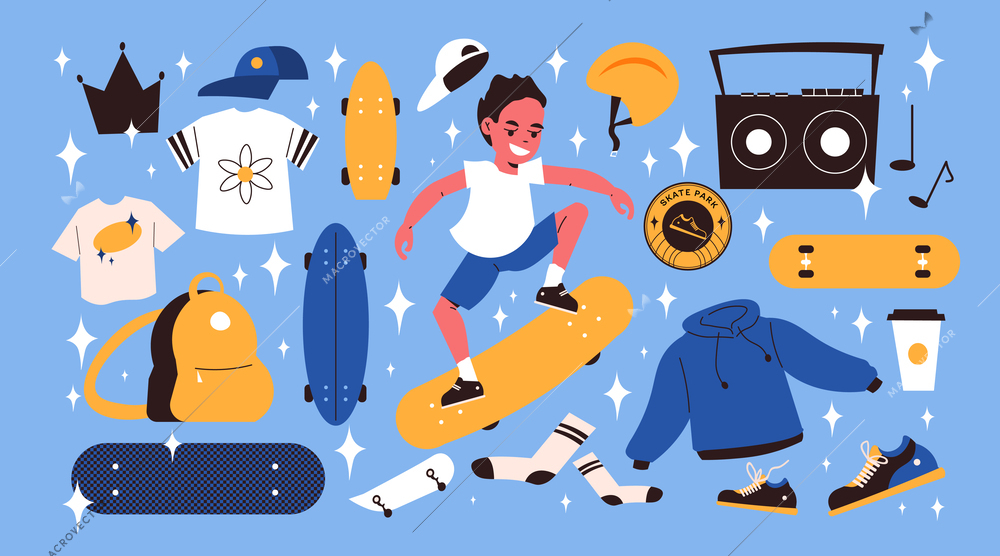 Skater flat icons set with teenager on longboard vector illustration