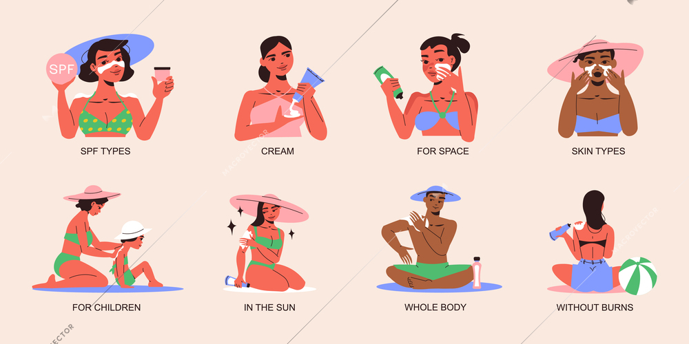 Sunblock flat icons set with women appying sunscreen products isolated vector illustration