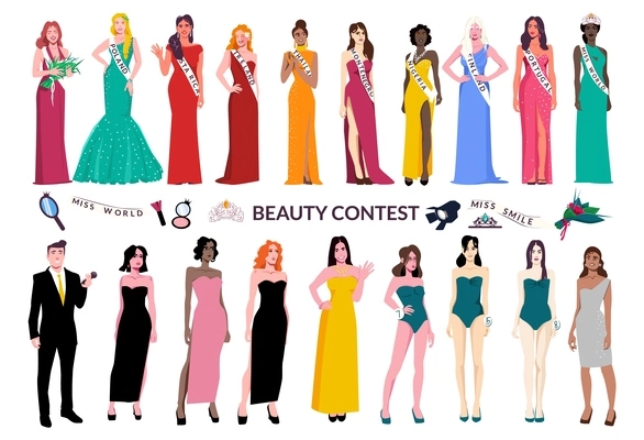 Beauty contest flat icon set with beautiful girls in dresses of different colors and for different contests vector illustration