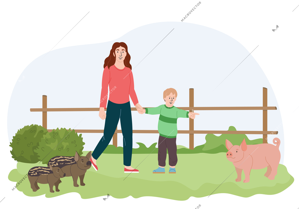 Contact outdoor farm flat background with mother and her little son interacting with farm animals cartoon vector illustration