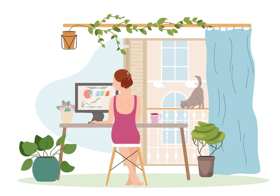 Remote work flat composition with cute woman sitting on chair at workplace in cozy home interior vector illustration