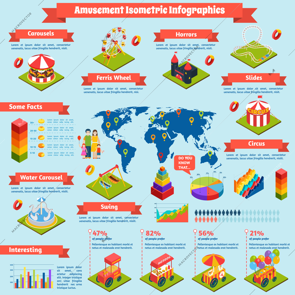 Amusement infographics set with attractions isometric symbols and charts vector illustration