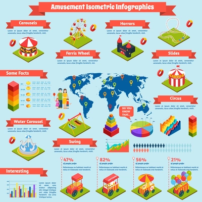 Amusement infographics set with attractions isometric symbols and charts vector illustration