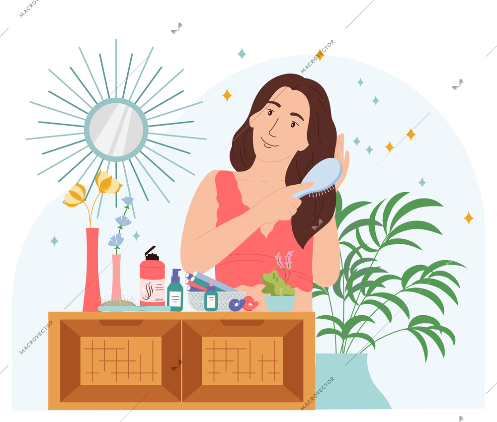 Hair care routine flat composition with pretty brunette applying beauty caring cosmetics products cartoon vector illustration