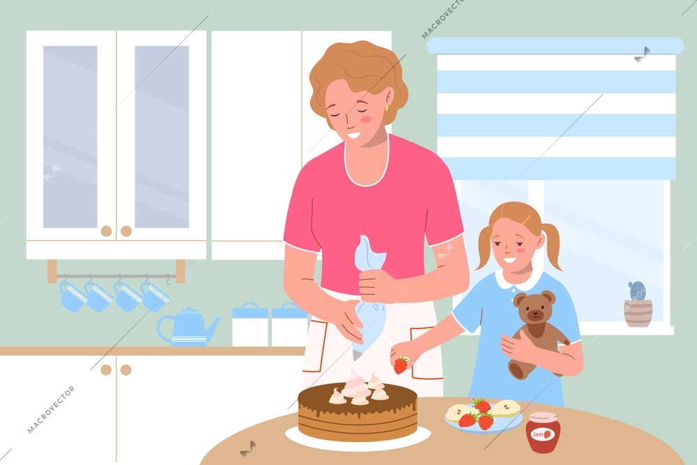 Cook home flat composition with indoor scenery showing mother character cooking cake with her teenage daughter vector illustration