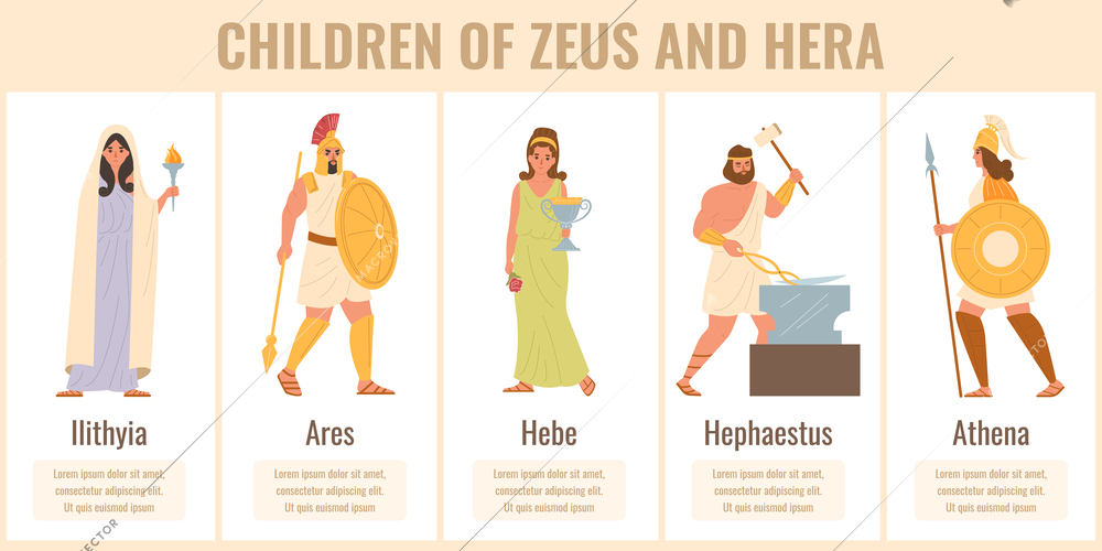 Olympic gods flat set with children of Zeus and Hera vector illustration