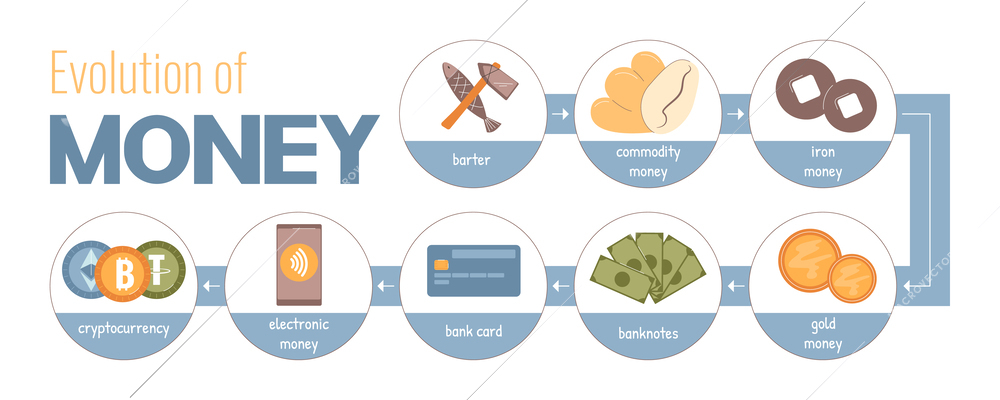 Money evolution flat composition with finance system transformation symbols vector illustration