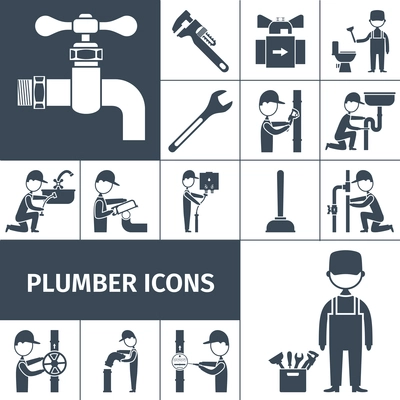 Plumber decorative icons black set with bath shower and water pipeline equipment isolated vector illustration